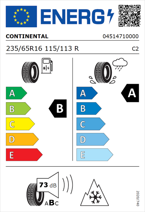 Tyre Label for Continental Vanco FourSeason 235/65R16 115/113R