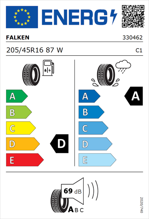Tyre Label for Falken Ziex  ZE310 Ecorun 205/45R16 87W