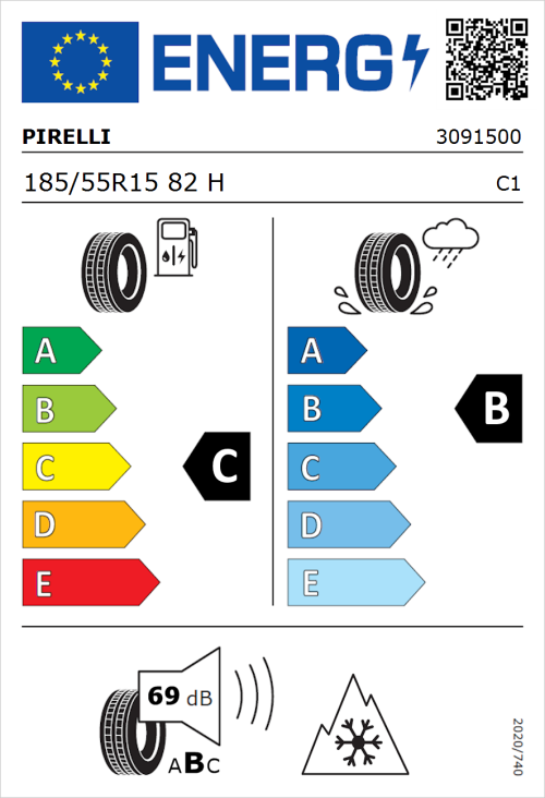 Tyre Label for Pirelli Cinturato All Season + 185/55R15 82H