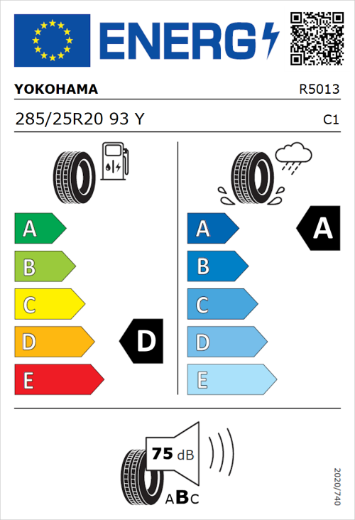 Tyre Label for Yokohama V105 285/25R20 93Y